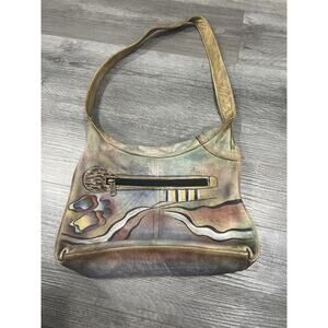 Anushka Hand Painted Leather Boho Style Handbag Mountain Sun Aztec River